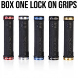 Box One Lock On Grips by SSS Racing: black textured rubber grips with red, silver, blue, black, gold collars and ends today