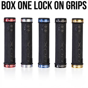 Box One Lock On Grips by SSS Racing: black textured rubber grips with red, silver, blue, black, gold collars and ends today