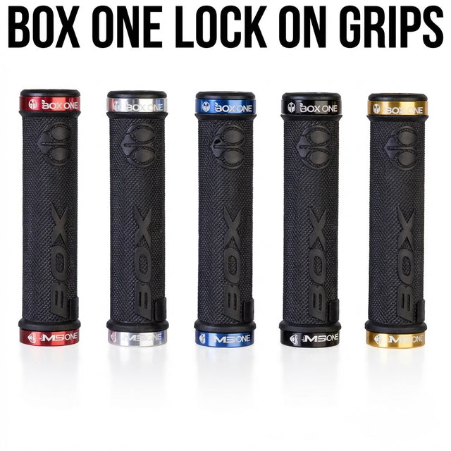 Box One Lock On Grips by SSS Racing: black textured rubber grips with red, silver, blue, black, gold collars and ends today
