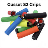 Gusset S2 Lock-On Grip by SSS Racing blue/green/orange rubber grips with knurled texture and black aluminum lock-on collars.