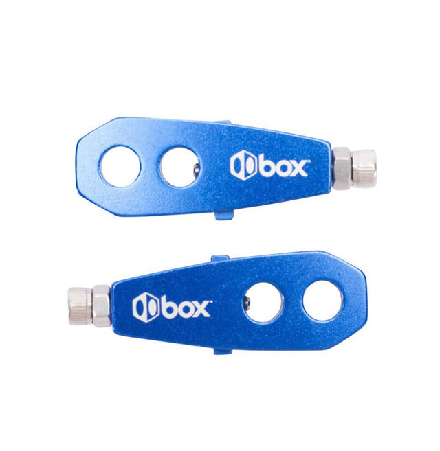 Box Two Chain Tensioners by SSS Racing, blue anodized aluminum levers with two circular holes and knurled clamping nut cap