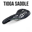 SSS Racing Tioga D-Spyder Saddle in matte black lattice polycarbonate grid with lime green logo, lightweight hollow core.