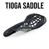 SSS Racing Tioga D-Spyder Saddle in matte black lattice polycarbonate grid with lime green logo, lightweight hollow core.