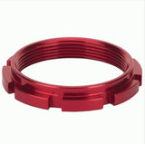 Box One Aluminium Hub Lock Ring in red, circular ring with threads and rectangular external tabs for secure installation.