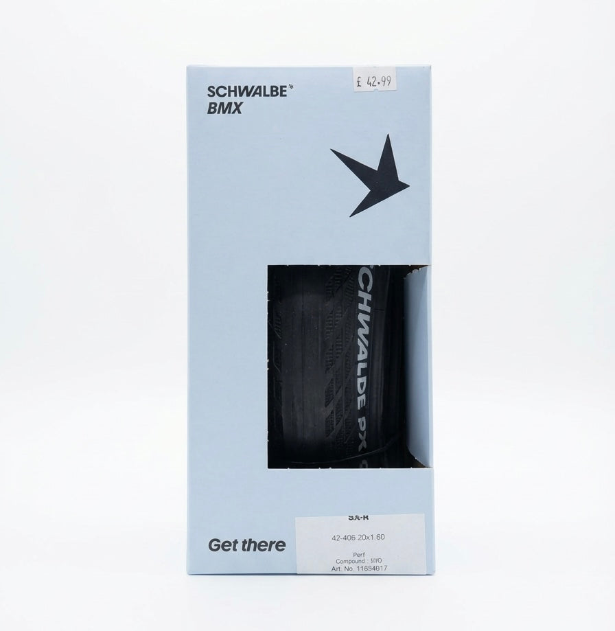 Schwalbe SX-R BMX Race Folding 20” Tyre by SSS Racing: black rubber tyre with folding bead, textured tread, box packaging