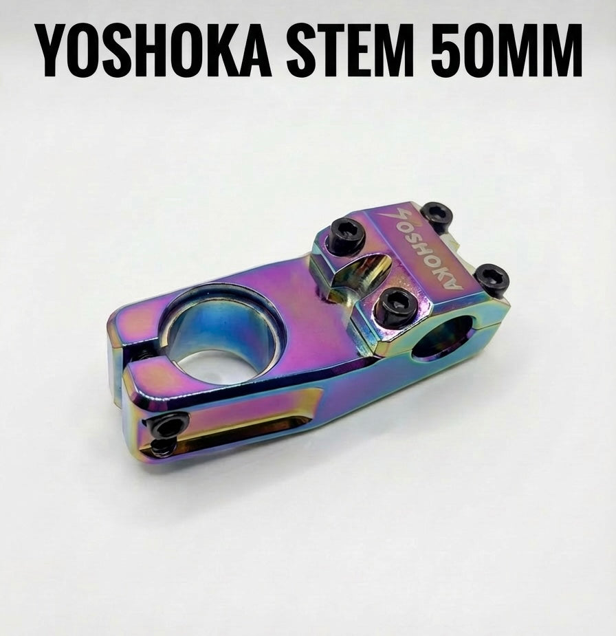 SSS Racing Yoshoka Stem 1-1/8” Steerer 50mm in iridescent titanium finish rainbow hues aluminum alloy hex bolts visible.