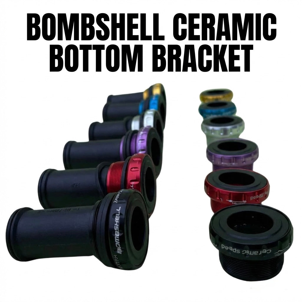 Bombshell Ceramic Euro Bottom Bracket by SSS Racing showing black anodized bodies and red/blue/purple collars with seals.