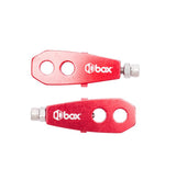 SSS Racing Box Two Chain Tensioners red aluminum alloy with dual circular holes, silver bolt fittings, bright glossy finish.