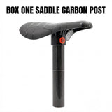 Box One Saddle Carbon Post by SSS Racing, black carbon fiber shaft with red logo, textured matte surface, high saddle clamp.