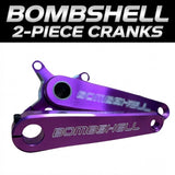 Bombshell 2-Piece Cranks by SSS Racing in purple anodized aluminum, embossed Bombshell logo, knurled adjuster, vivid finish