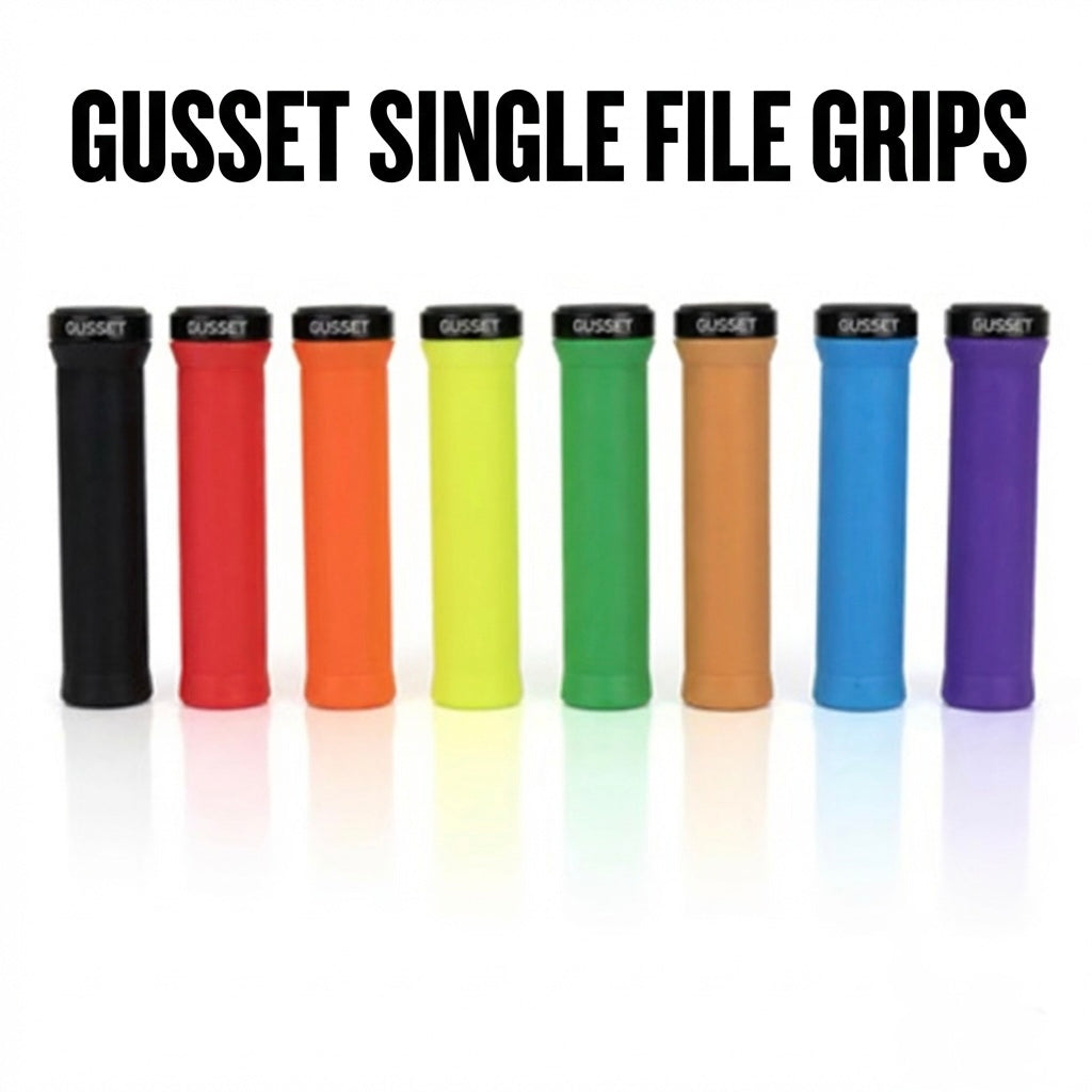 Gusset Single File Lock-On Grip by SSS Racing in black, red, orange, yellow, green, tan, blue, purple; textured rubber grip.