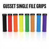 Gusset Single File Lock-On Grip by SSS Racing in black, red, orange, yellow, green, tan, blue, purple; textured rubber grip.