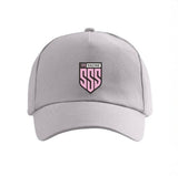 SSS Racing SSS Racing Baseball Cap in light gray with curved brim, pink shield logo patch centered on the front panel. Bold