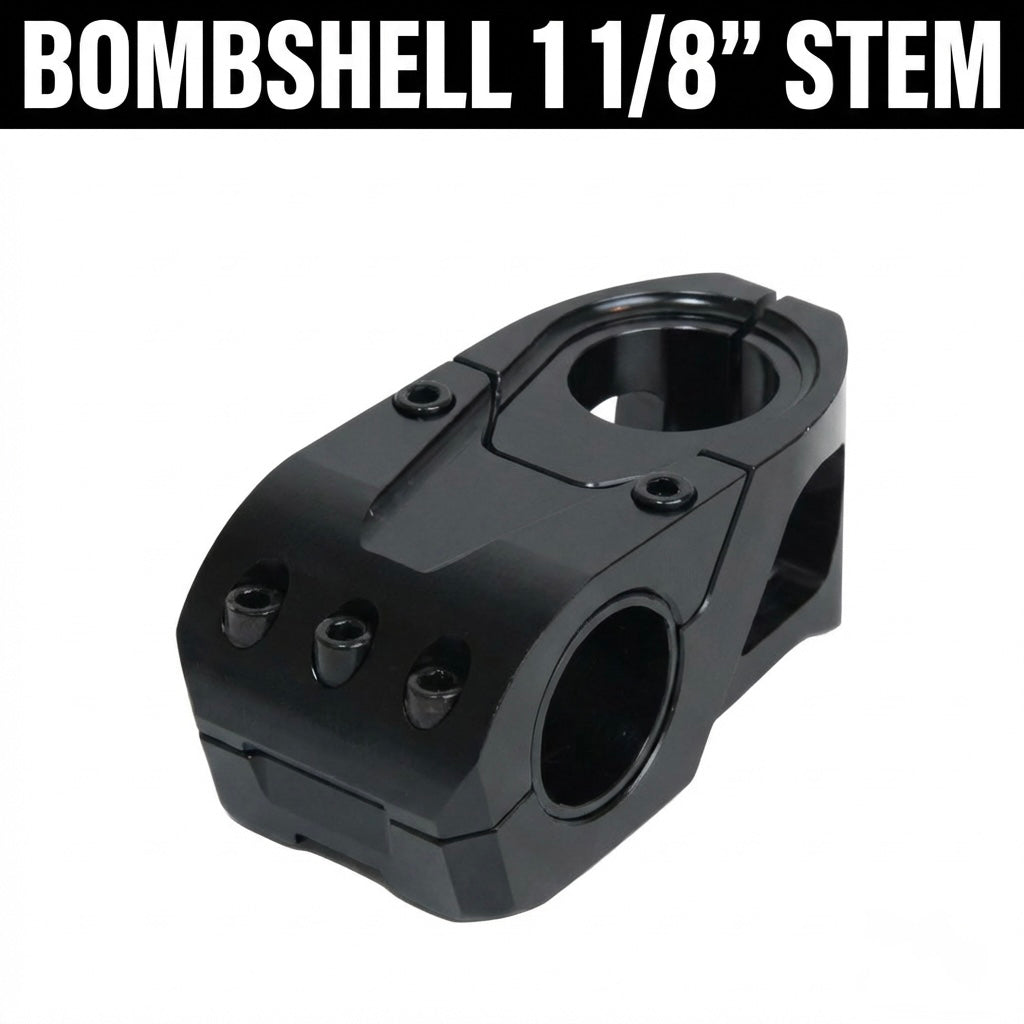 Bombshell Stem 1 1/8” Steerer 44mm black anodized aluminum, compact angular clamp, recessed bolts, matte finish. BMX Racing. 