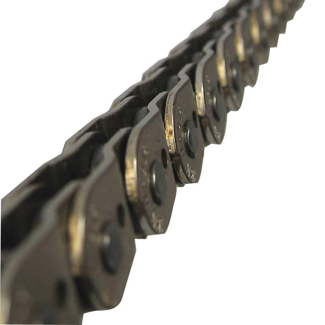 Close up of a Gusset half link slink chain in chrome on a white background. 