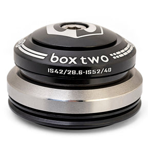 Box Two 1-1/8 - 1.5" Tapered Integrated Headset by SSS Racing, black anodized aluminum with a silver spacer, IS42 spec UK