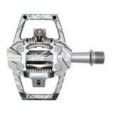 HT T2-SX BMX Racing Clip Pedals by SSS Racing in silver-gray alloy with spring-loaded clip, grip pins, and threaded axle.