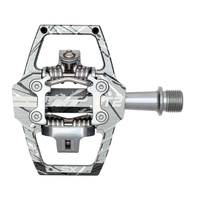 HT T2-SX BMX Racing Clip Pedals by SSS Racing in silver-gray alloy with spring-loaded clip, grip pins, and threaded axle.