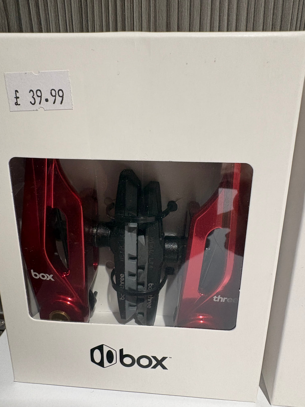 SSS Racing Box Three V-Brake 108mm (Long) red anodized aluminum calipers with black center body, glossy finish, boxed set.