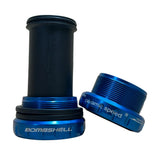 Bombshell Euro Bottom Bracket SSS Racing blue anodized aluminum with black nylon spindle, threaded cups, CNC machined finish.