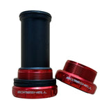 Bombshell Euro Bottom Bracket by SSS Racing: red anodized aluminum cups, black spindle, knurled edges, glossy finish. shine.