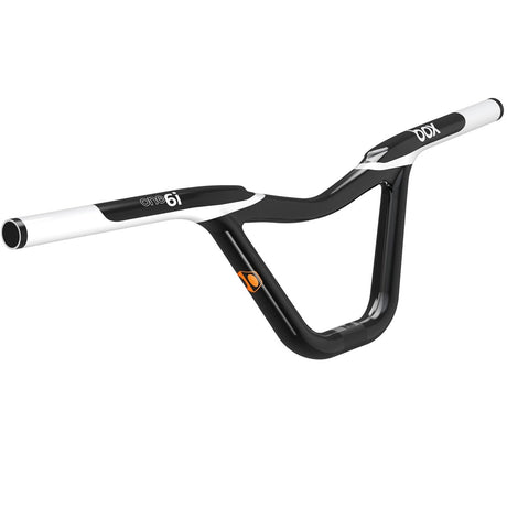 Box One Carbon 22.2mm Handlebar SSS Racing black and white carbon finish, aero sculpted shape, white ends with orange logo.