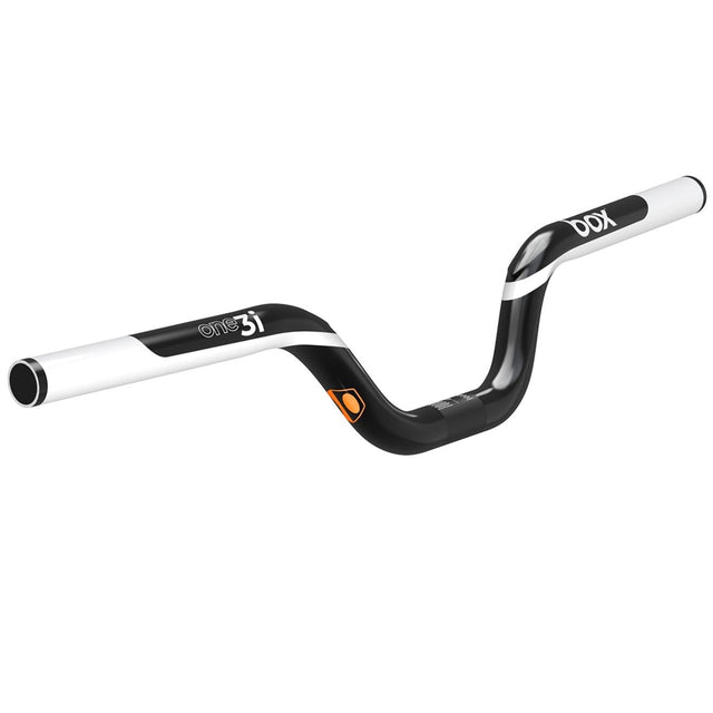 Box One Carbon 22.2mm Handlebar by SSS Racing in black carbon with white and orange decals, matte finish, aero bend, sleek.