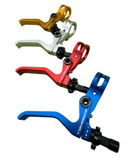 Bombshell Brake Lever by SSS Racing: anodized gold, silver, red, blue aluminum levers with pivots and knurled adjusters.