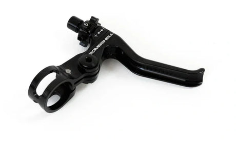 Bombshell Brake Lever by SSS Racing in black anodized aluminum, textured grip, billet lever, silver hardware, compact clamp.