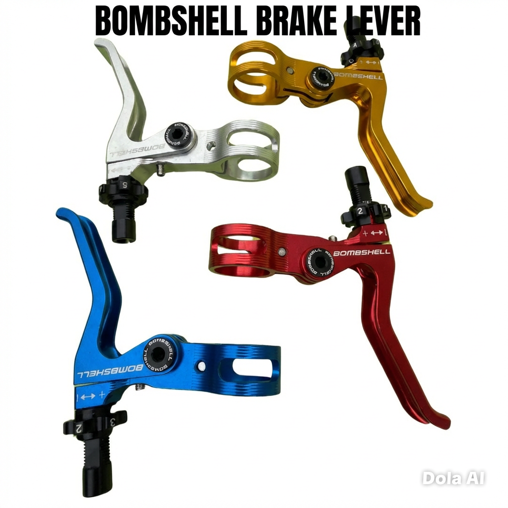 Bombshell Brake Lever by SSS Racing in blue aluminum, anodized red and gold, CNC-machined surface, knurled knob, branding.