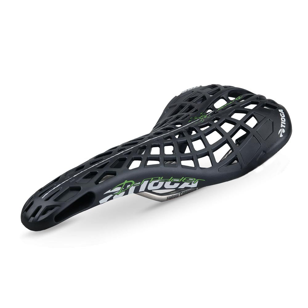 Tioga D-Spyder Saddle: black lattice shell, lightweight polymer, vented grid design. Ideal for BMX racing. 