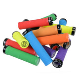 SSS Racing Gusset Single File Lock-On Grip with neon silicone grips in red, orange, green, blue; textured knurl pattern.
