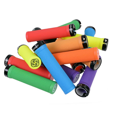 SSS Racing Gusset Single File Lock-On Grip with neon silicone grips in red, orange, green, blue; textured knurl pattern.