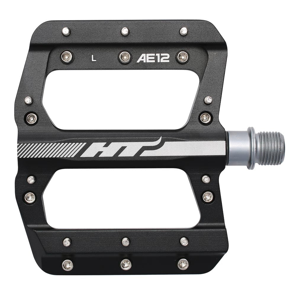SSS Racing HT AE12 Pedals (Junior) in black aluminum body with silver logo, textured grip, chrome axle, grippy platform.