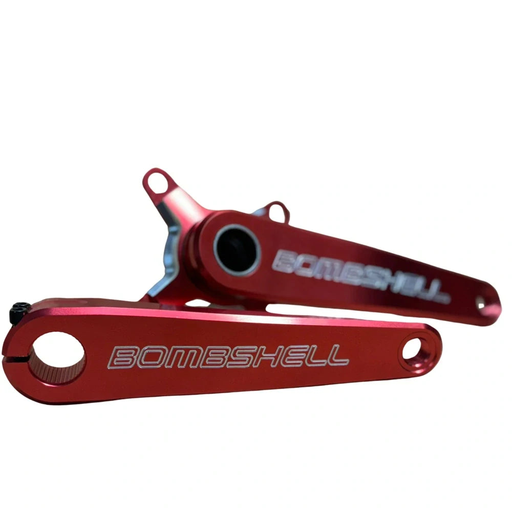 Bombshell 2-Piece Cranks by SSS Racing in red anodized aluminum, silver embossed logo, CNC machined, lightweight, race-ready