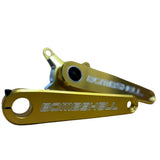 Bombshell 2-Piece Cranks by SSS Racing in gold anodized aluminum, CNC-machined with BOMBSHELL logo and black axle hole.!