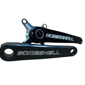 Bombshell 2-Piece Cranks by SSS Racing in matte black aluminum with silver etched Bombshell logo and slim forged arms. design