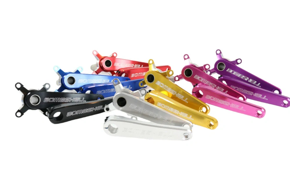 Bombshell 2-Piece Cranks by SSS Racing in black, blue, red, gold, pink, purple, silver; aluminum alloy with anodized finish