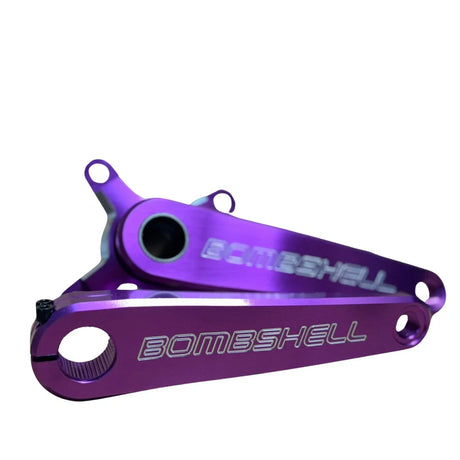 Bombshell 2-Piece Cranks by SSS Racing, vivid purple anodized aluminum with silver logo, CNC-machined edges, hollow spindle