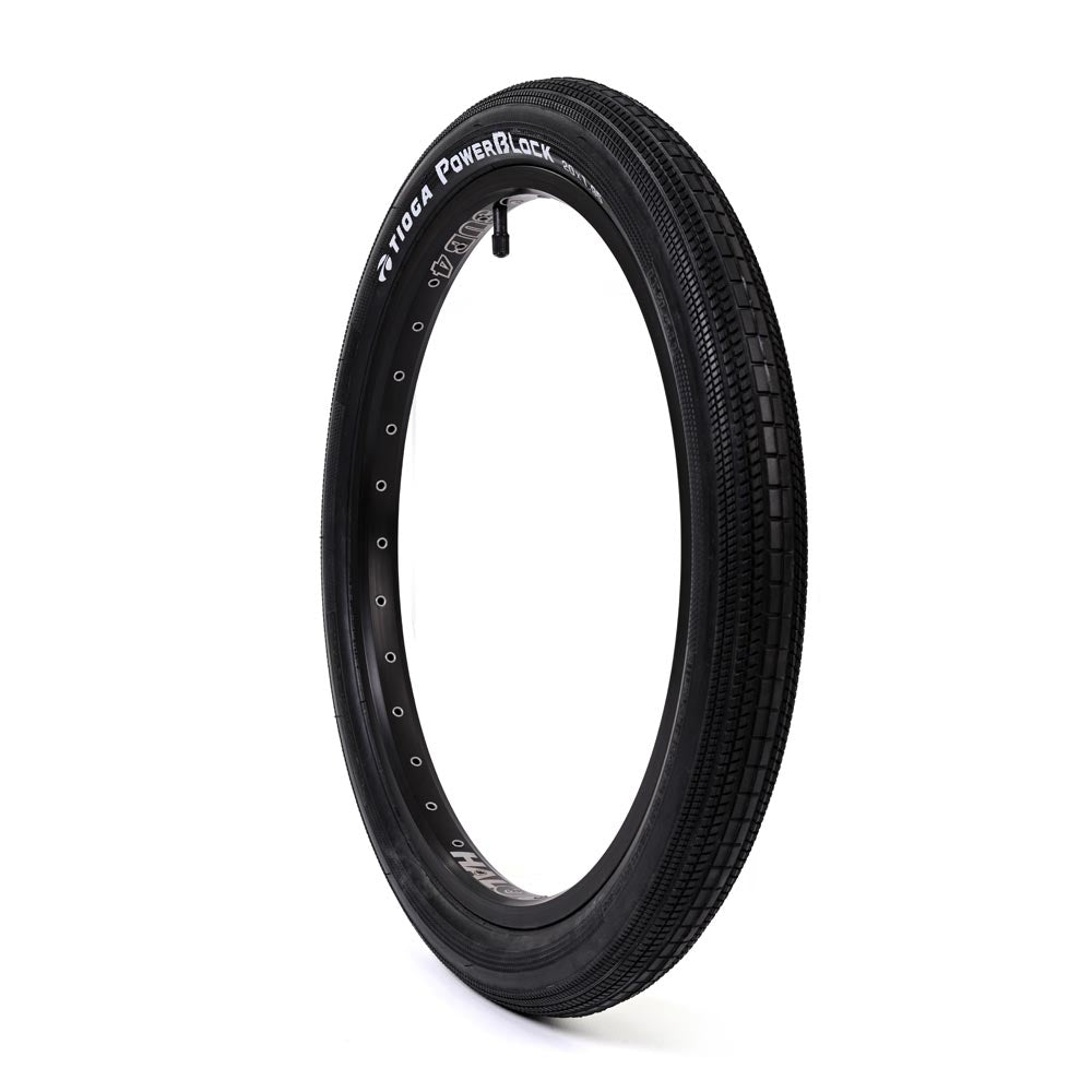 SSS Racing Tioga Powerblock 20” Tyre, black rubber tread with deep grooves, glossy black sidewall and white branding mark.