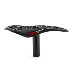 Black BMX racing seat with red accents on a white background