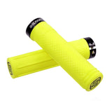 Gusset S2 Lock-On Grip neon yellow rubber with knurled texture, black end collars, aluminum lock rings. Ideal for BMX racing. 