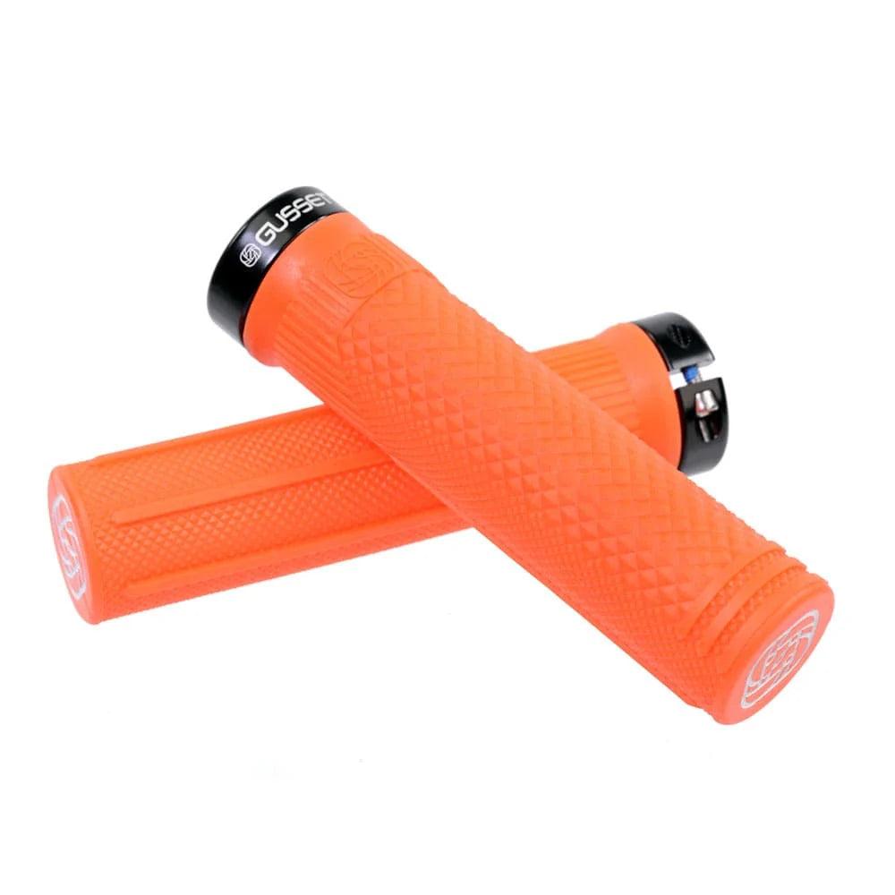 Gusset S2 Lock-On Grip by SSS Racing in orange rubber with bold diamond grip pattern, aluminum lock ring, knurled end caps.