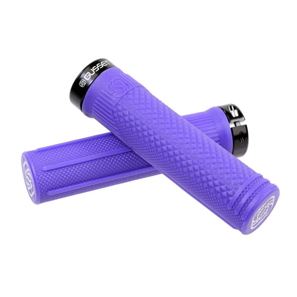 Gusset S2 Lock-On Grip in purple rubber with knurled texture, black aluminum lock rings, end caps; SSS Racing grip BMX racing
