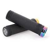 Gusset S2 Lock-On Grip by SSS Racing, black diamond-textured rubber handle with rainbow anodized collar and knurled ends.