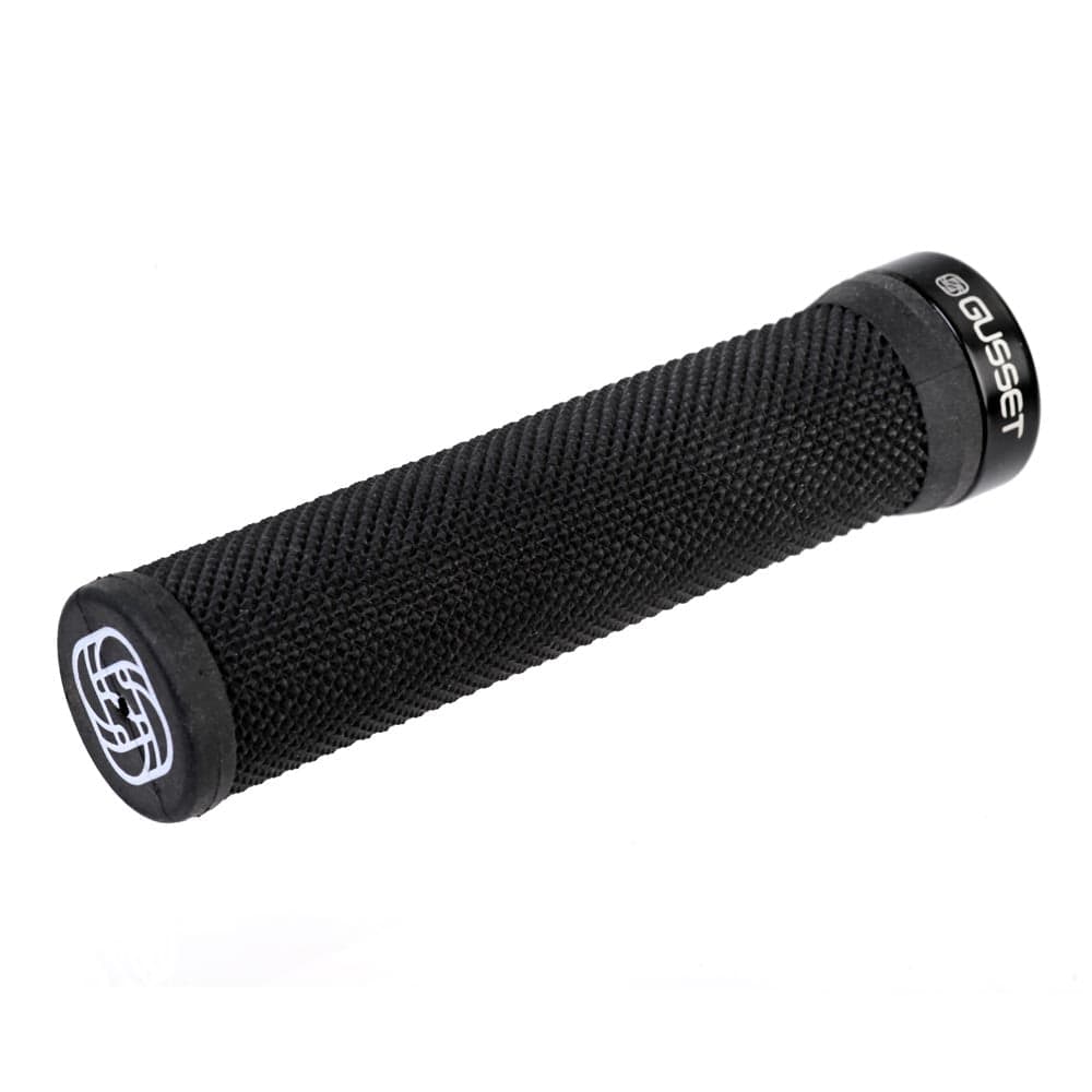Gusset Single File Lock-On Grip by SSS Racing, black knurled rubber handlebar grip with white Gusset logos on end caps.