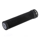 Gusset Single File Lock-On Grip by SSS Racing, black knurled rubber handlebar grip with white Gusset logos on end caps.