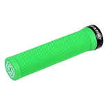 Gusset Single File Lock-On Grip in bright green textured rubber with knurled surface, black end cap. Ideal for BMX racing. 