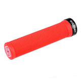 Gusset Single File Lock-On Grip by SSS Racing in bright red silicone with knurled texture, black end cap, bold logo branding.