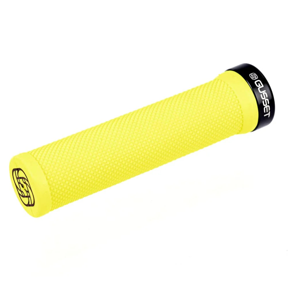 Gusset Single File Lock-On Grip by SSS Racing in bright yellow textured rubber with knurling, black end cap, logo grip feel.